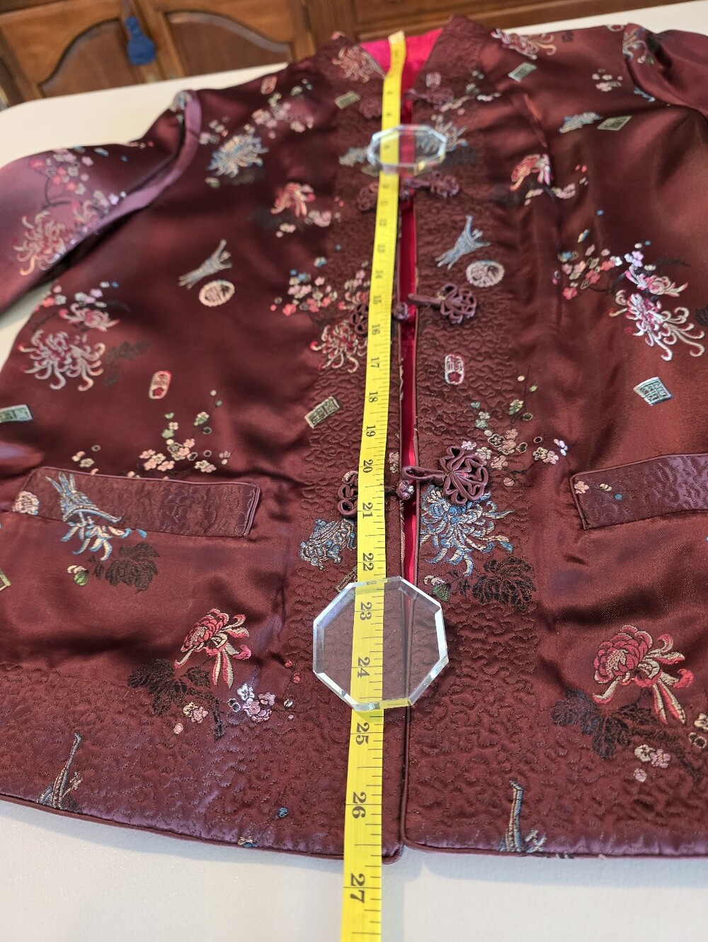 Womans Chinese Reversible Silk Jacket. Chocolate Floral With Reversible Fushia. - Picture 3 of 7